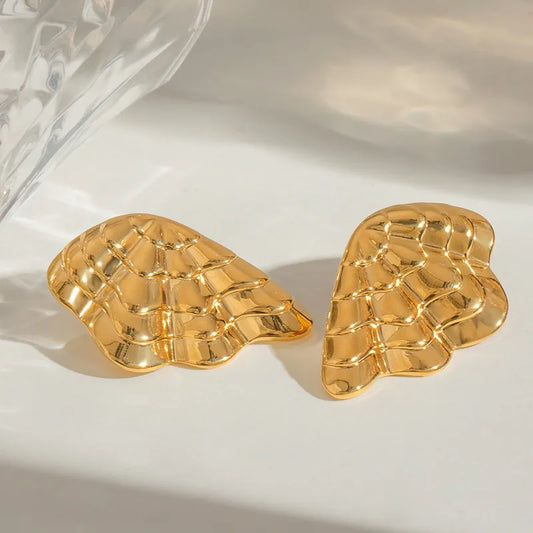 18K Gold Stainless Steel Geometric Glossy Rib Wings Earrings With Left And Right Edges