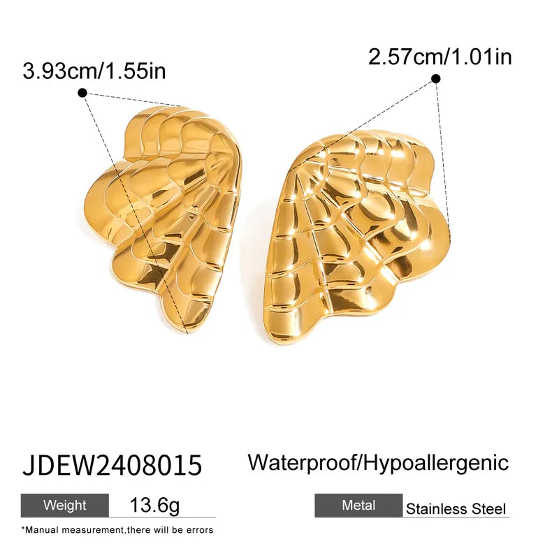 18K Gold Stainless Steel Geometric Glossy Rib Wings Earrings With Left And Right Edges