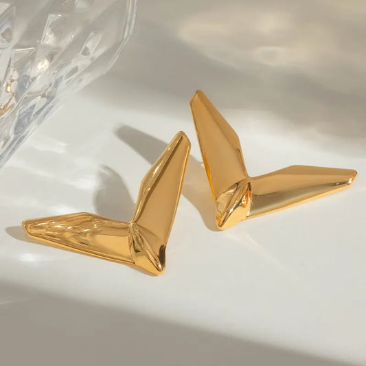 18K Gold Stainless Steel Geometric V-Shaped Unique Aircraft-Shaped Personalized Earrings With Left And Right Edges