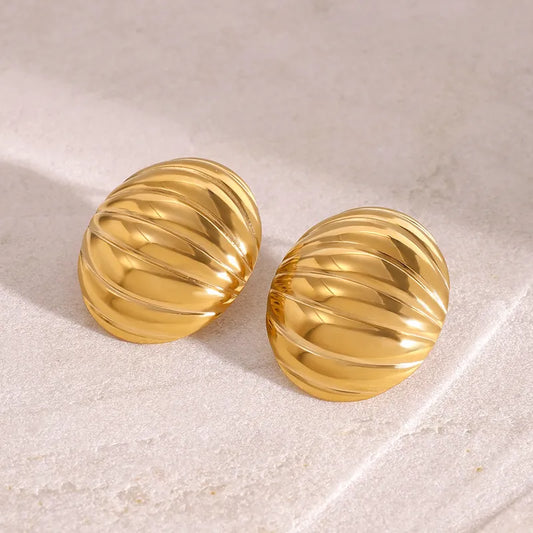 18K Gold Stainless Steel Oval Glossy Rib Concave And Convex Chubby Earrings