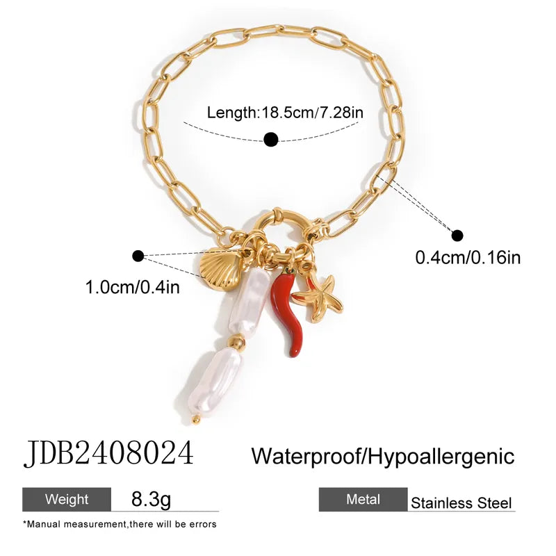 18K Gold Stainless Steel Pearl Oil Dripping Bright ABS Pearl Shell Starfish Red Oil Dripping Pepper Sailor Buckle Bracelet 18.5cm