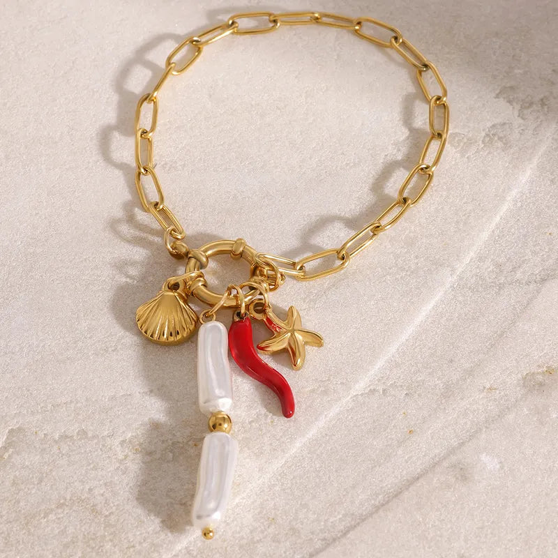 18K Gold Stainless Steel Pearl Oil Dripping Bright ABS Pearl Shell Starfish Red Oil Dripping Pepper Sailor Buckle Bracelet 18.5cm