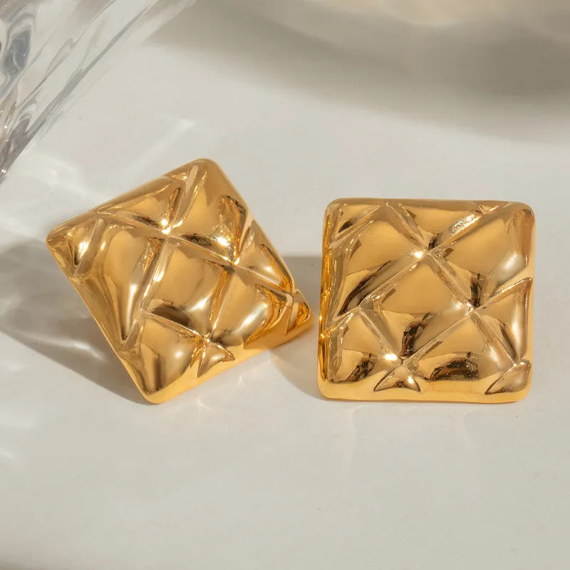 18K Gold Stainless Steel Woven Plaid Square Earrings