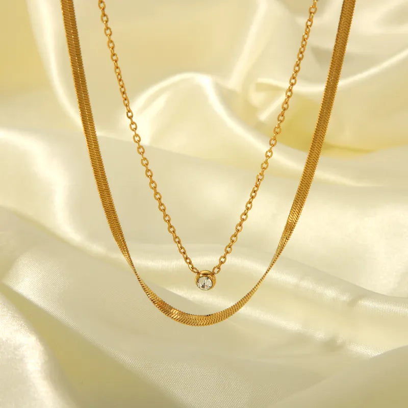 201 Stainless Steel 304 Stainless Steel 18K Gold Plated IG Style Simple Style Layered Inlay Round Zircon Double Layer Necklaces