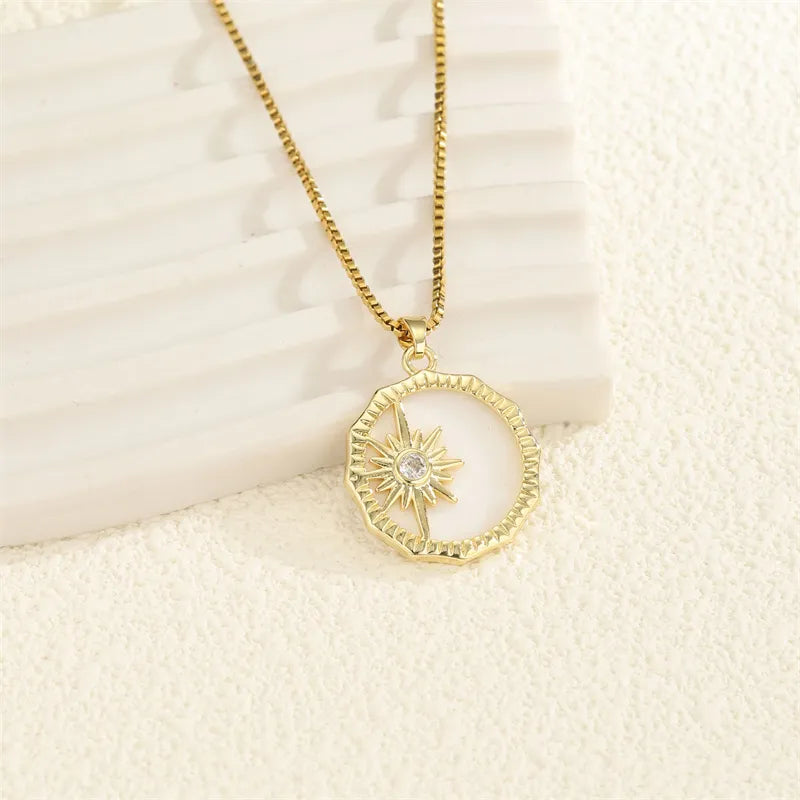 201 Stainless Steel Brass 18K Gold Plated Hollow Out Inlay Star Shell Zircon Pendant Necklace