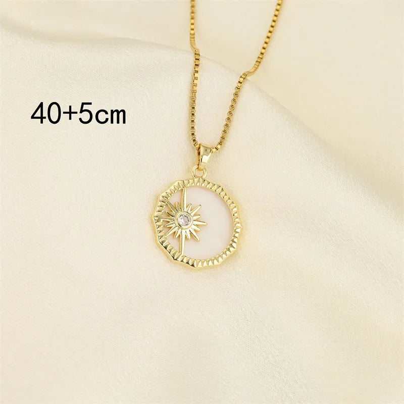 201 Stainless Steel Brass 18K Gold Plated Hollow Out Inlay Star Shell Zircon Pendant Necklace