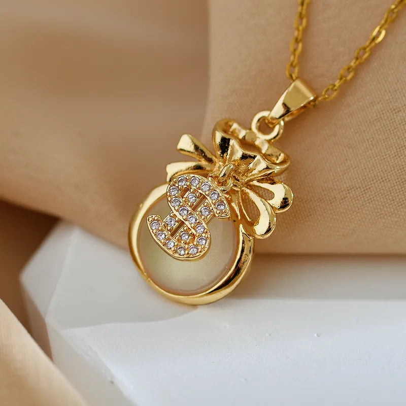 201 Stainless Steel Copper Gold Plated Plating Inlay Geometric Bow Knot Resin Zircon Pendant Necklace