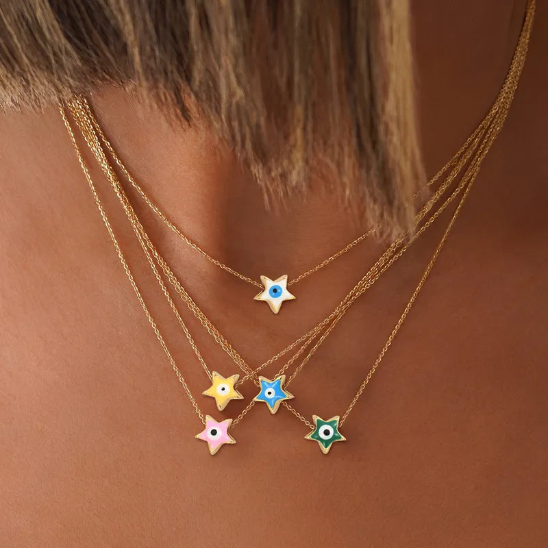 201 Stainless Steel Copper Inlay Star Eye Artificial Crystal Pendant Necklace