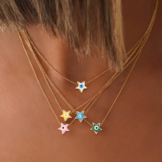 201 Stainless Steel Copper Inlay Star Eye Artificial Crystal Pendant Necklace