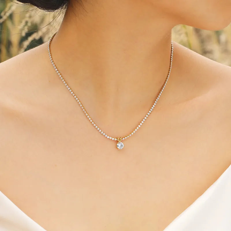 201 Stainless Steel Stainless Steel Silver Plated Simple Style Classic Style Inlay Solid Color Zircon Pendant Necklace