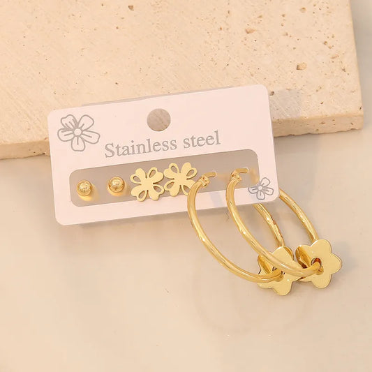 3 Pairs Elegant Commute Star Flower Plating 304 Stainless Steel 18K Gold Plated Earrings