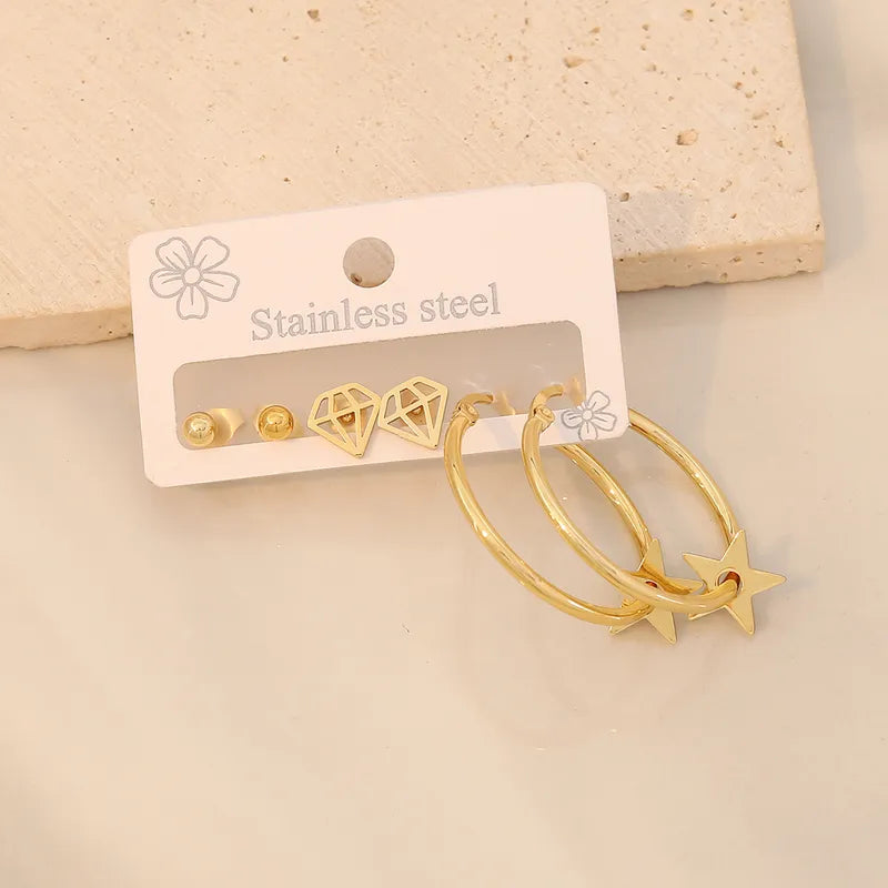 3 Pairs Elegant Commute Star Flower Plating 304 Stainless Steel 18K Gold Plated Earrings