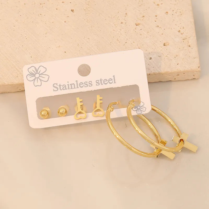 3 Pairs Elegant Commute Star Flower Plating 304 Stainless Steel 18K Gold Plated Earrings