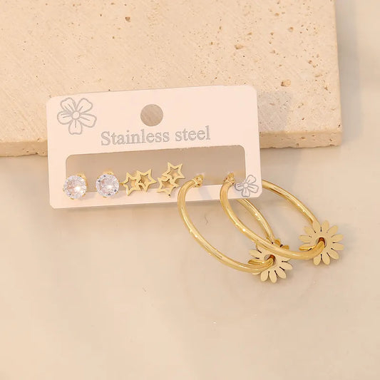 3 Pairs Elegant Commute Star Flower Plating 304 Stainless Steel 18K Gold Plated Earrings