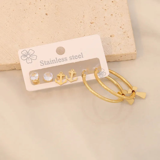 3 Pairs Elegant Commute Star Flower Plating 304 Stainless Steel 18K Gold Plated Earrings