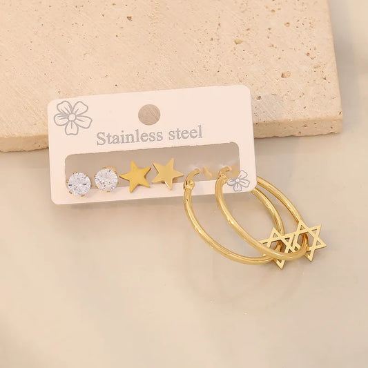 3 Pairs Elegant Commute Star Flower Plating 304 Stainless Steel 18K Gold Plated Earrings