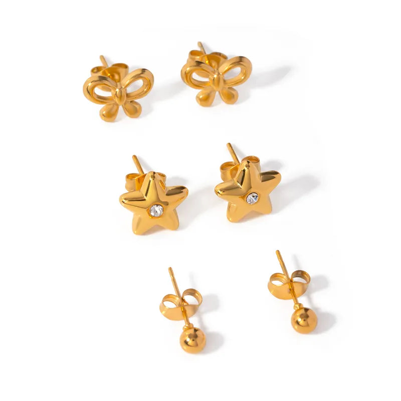 3 Pairs IG Style Modern Style Classic Style Star Butterfly Inlay 316 Stainless Steel Rhinestones 18K Gold Plated Ear Studs