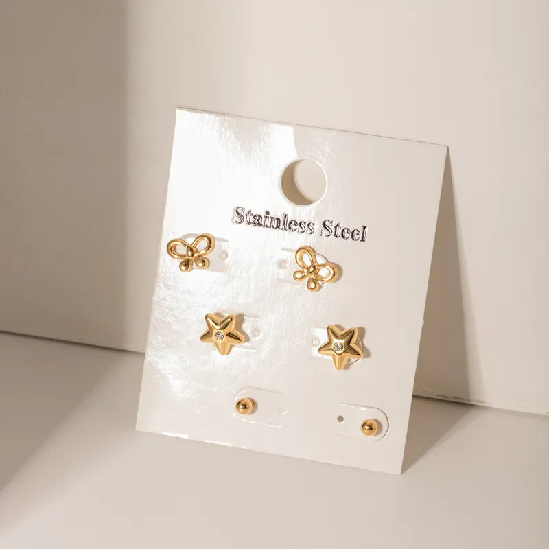 3 Pairs IG Style Modern Style Classic Style Star Butterfly Inlay 316 Stainless Steel Rhinestones 18K Gold Plated Ear Studs