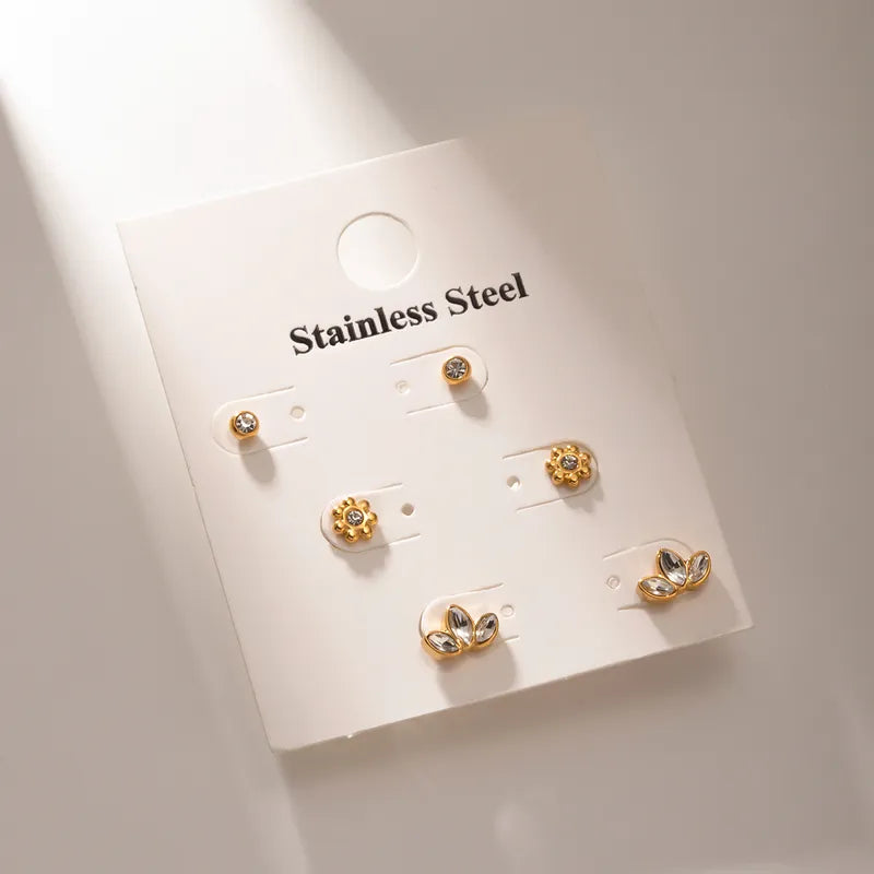 3 Pairs IG Style Shiny Petal Inlay 304 Stainless Steel Zircon 18K Gold Plated Ear Studs