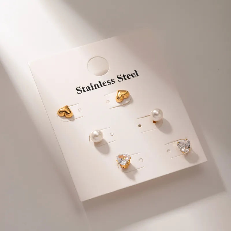 3 Pairs IG Style Simple Style Heart Shape Inlay 304 Stainless Steel Pearl Zircon 18K Gold Plated Ear Studs\