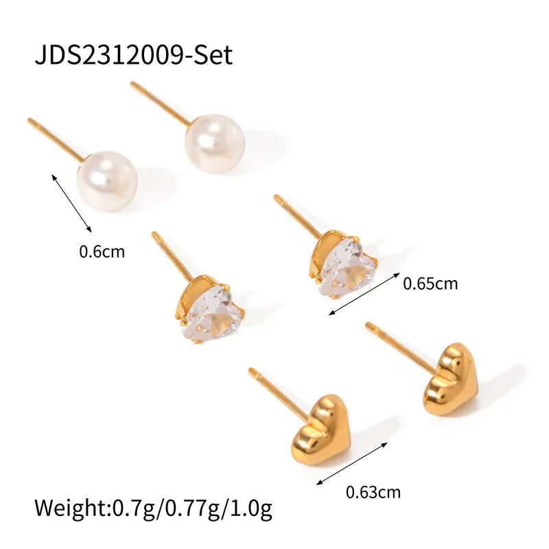 3 Pairs IG Style Simple Style Heart Shape Inlay 304 Stainless Steel Pearl Zircon 18K Gold Plated Ear Studs\