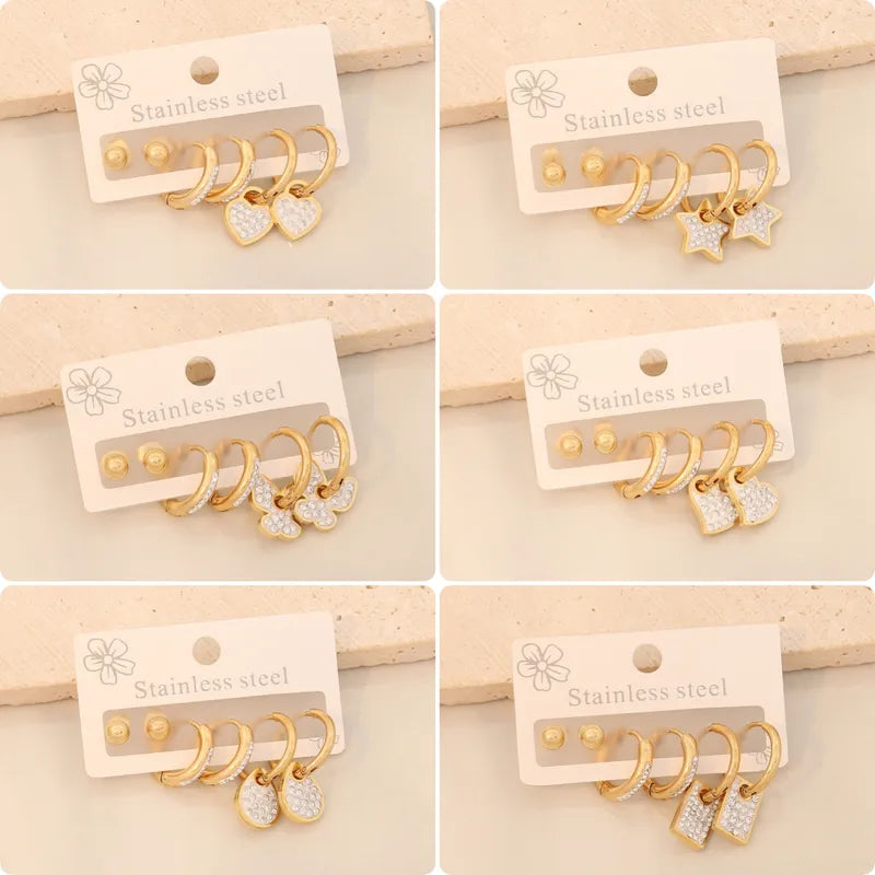 3 Pairs Simple Style Classic Style Heart Shape Butterfly Plating Inlay 304 Stainless Steel Zircon 18K Gold Plated Drop Earrings