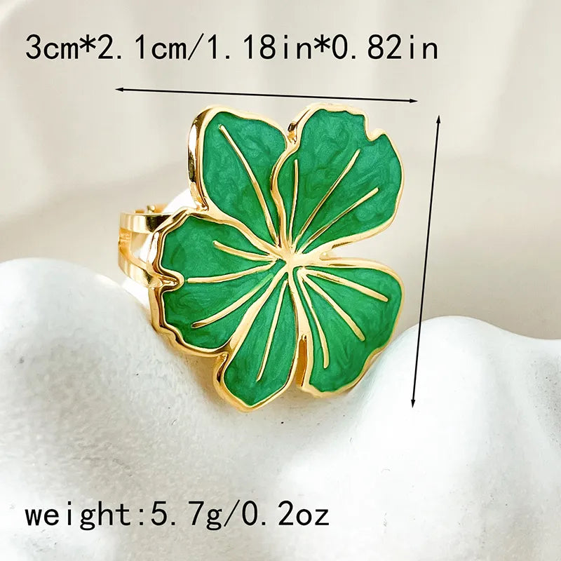 304 Stainless Steel 14K Gold Plated Hawaiian Vacation Tropical Enamel Inlay Oval Water Droplets Flower Turquoise Zircon Open Rings