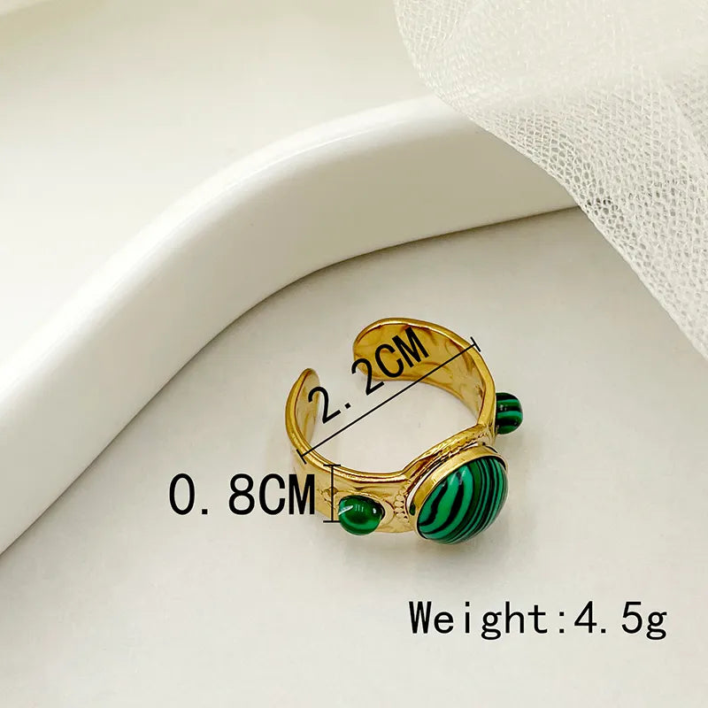 304 Stainless Steel 14K Gold Plated Hawaiian Vacation Tropical Enamel Inlay Oval Water Droplets Flower Turquoise Zircon Open Rings