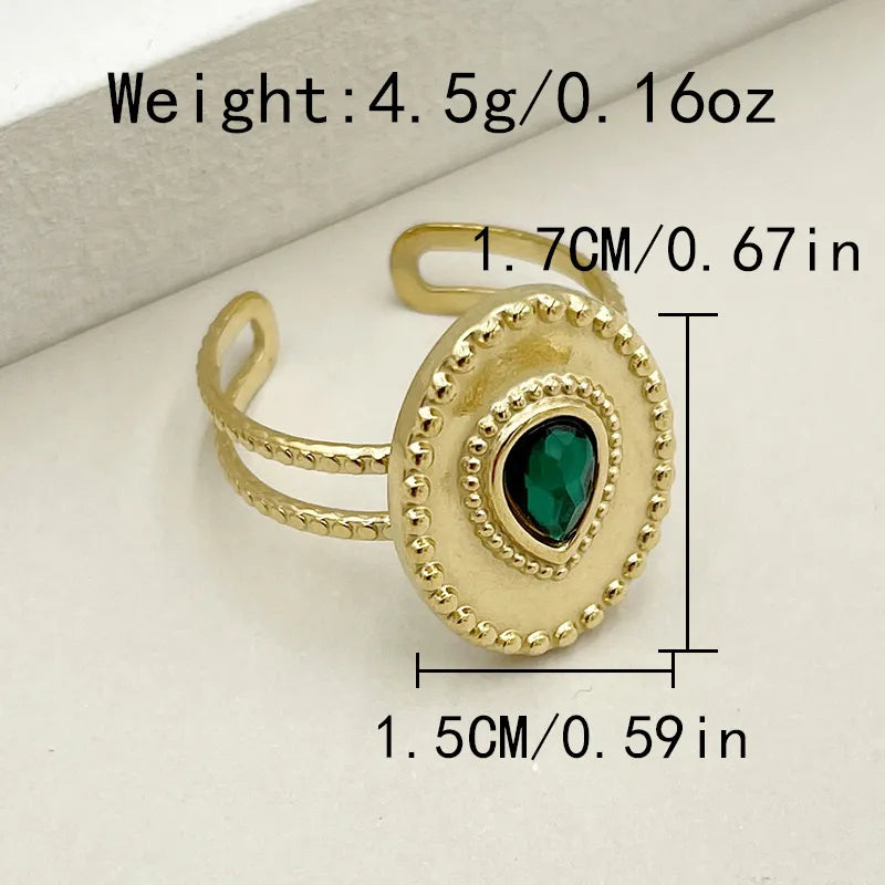 304 Stainless Steel 14K Gold Plated Hawaiian Vacation Tropical Enamel Inlay Oval Water Droplets Flower Turquoise Zircon Open Rings