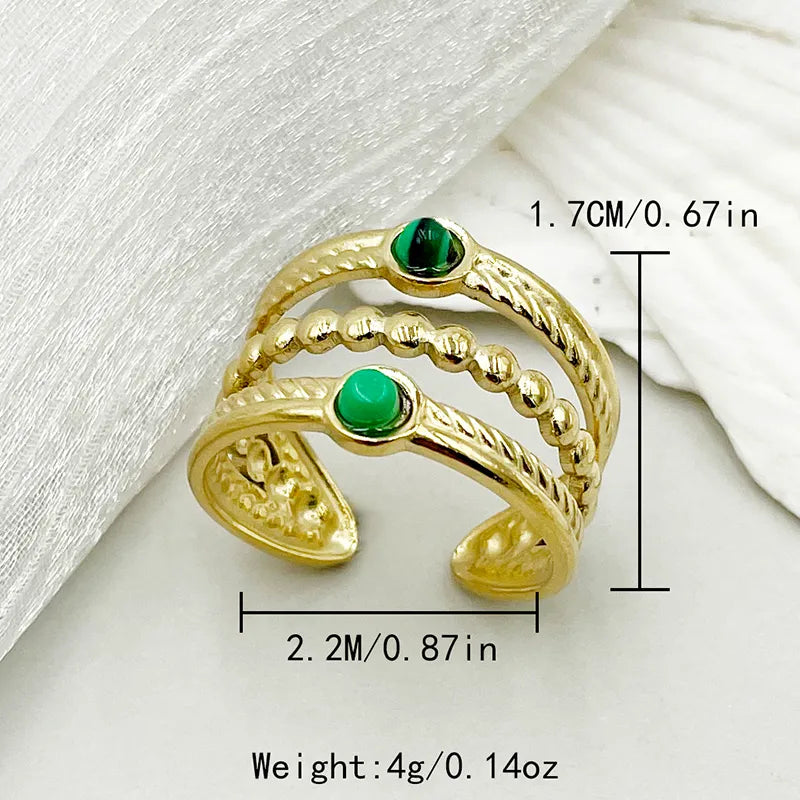 304 Stainless Steel 14K Gold Plated Hawaiian Vacation Tropical Enamel Inlay Oval Water Droplets Flower Turquoise Zircon Open Rings