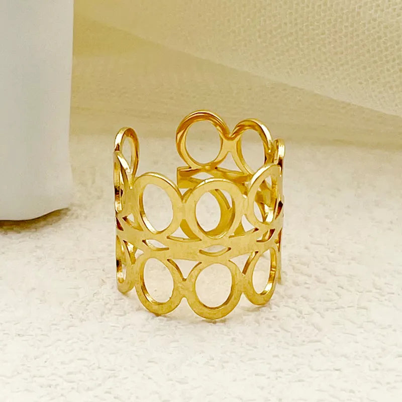 304 Stainless Steel 14K Gold Plated Simple Style Classic Style Asymmetrical Plating Hollow Out Round Flower Open Rings