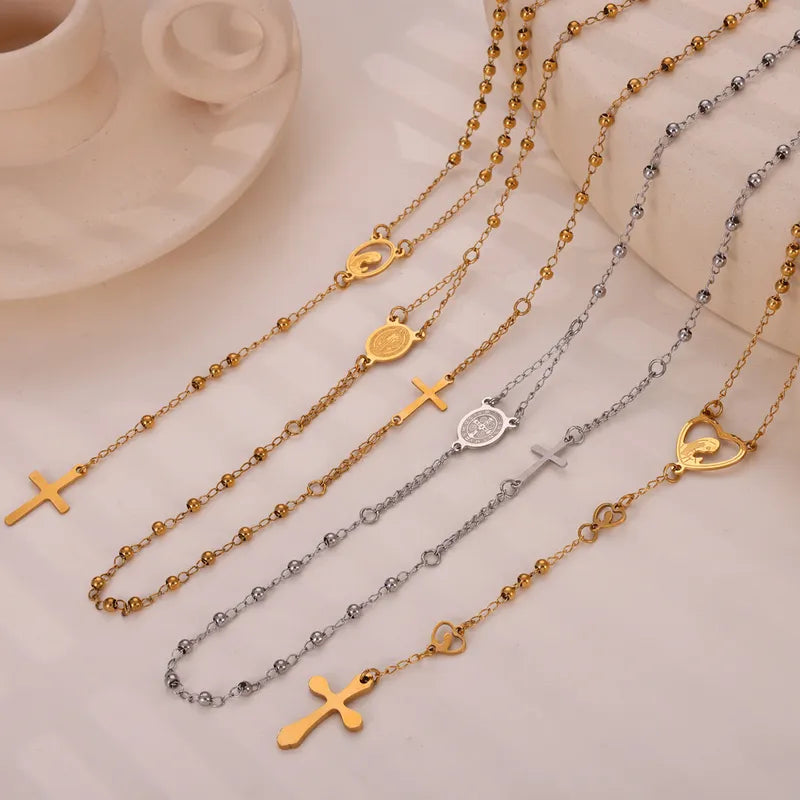 304 Stainless Steel 18K Gold Plated Casual Retro Simple Style Plating Cross Round Heart Shape Long Necklace