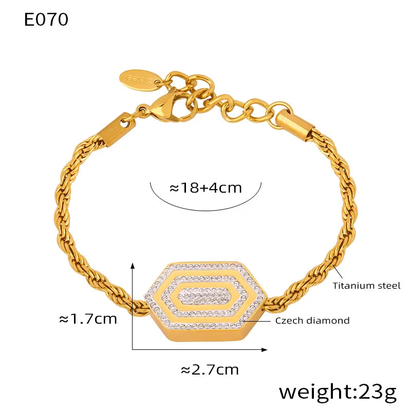 304 Stainless Steel 18K Gold Plated Elegant Simple Style Plating Inlay Hexagon Rhinestones Bracelets Necklace Jewelry Set