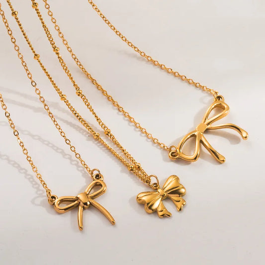 Stainless Steel 18K Gold Plated French Style Romantic Bow Knot Pendant Necklace