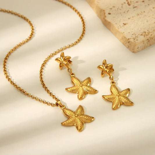 304 Stainless Steel 18K Gold Plated Hawaiian Vacation Classic Style Plating Starfish Earrings Necklace