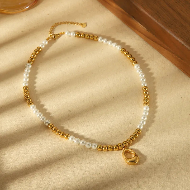 304 Stainless Steel 18K Gold Plated IG Style Basic Commute Plating Inlay Round Artificial Pearls Bracelets Necklace