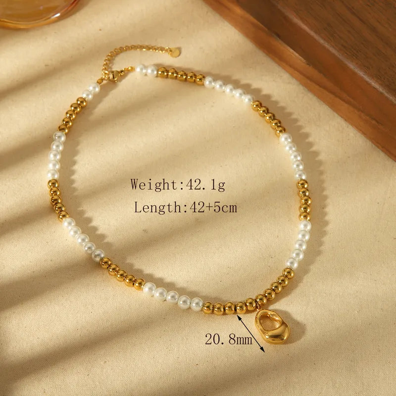 304 Stainless Steel 18K Gold Plated IG Style Basic Commute Plating Inlay Round Artificial Pearls Bracelets Necklace