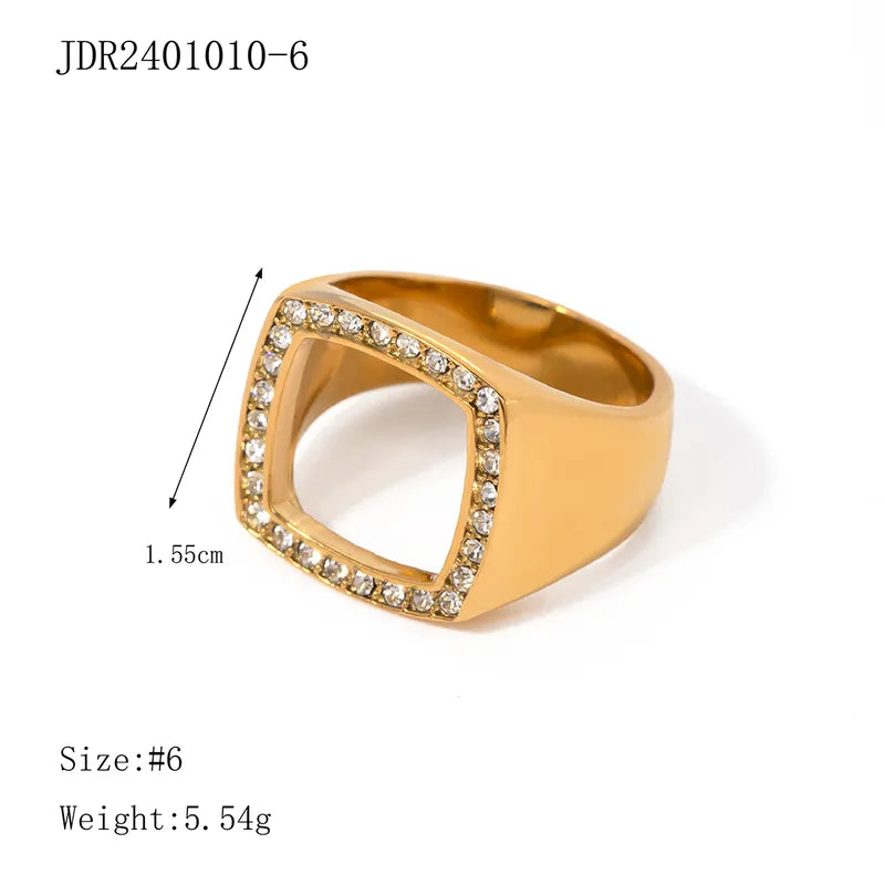 304 Stainless Steel 18K Gold Plated IG Style Hollow Out Inlay Square Rhinestones Rings