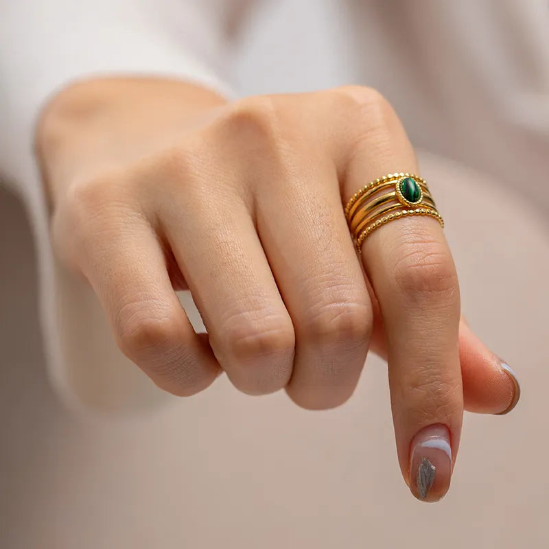 304 Stainless Steel 18K Gold Plated IG Style Inlay Geometric Natural Stone Malachite Open Rings