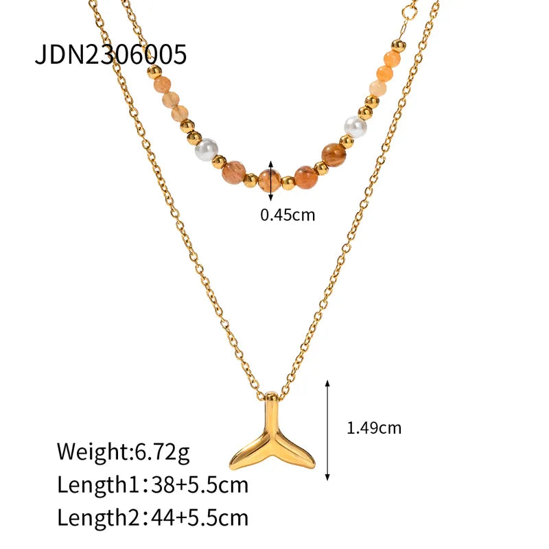 304 Stainless Steel 18K Gold Plated IG Style Simple Style Beaded Fish Tail Double Layer Necklaces