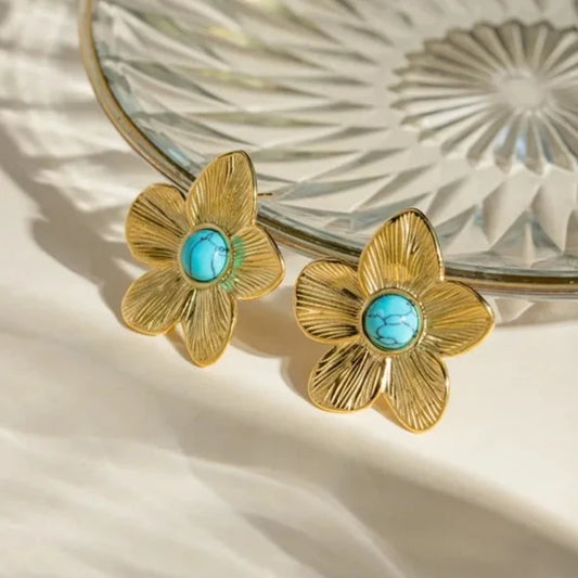 304 Stainless Steel 18K Gold Plated IG Style Simple Style Inlay Flower Turquoise Rings Earrings