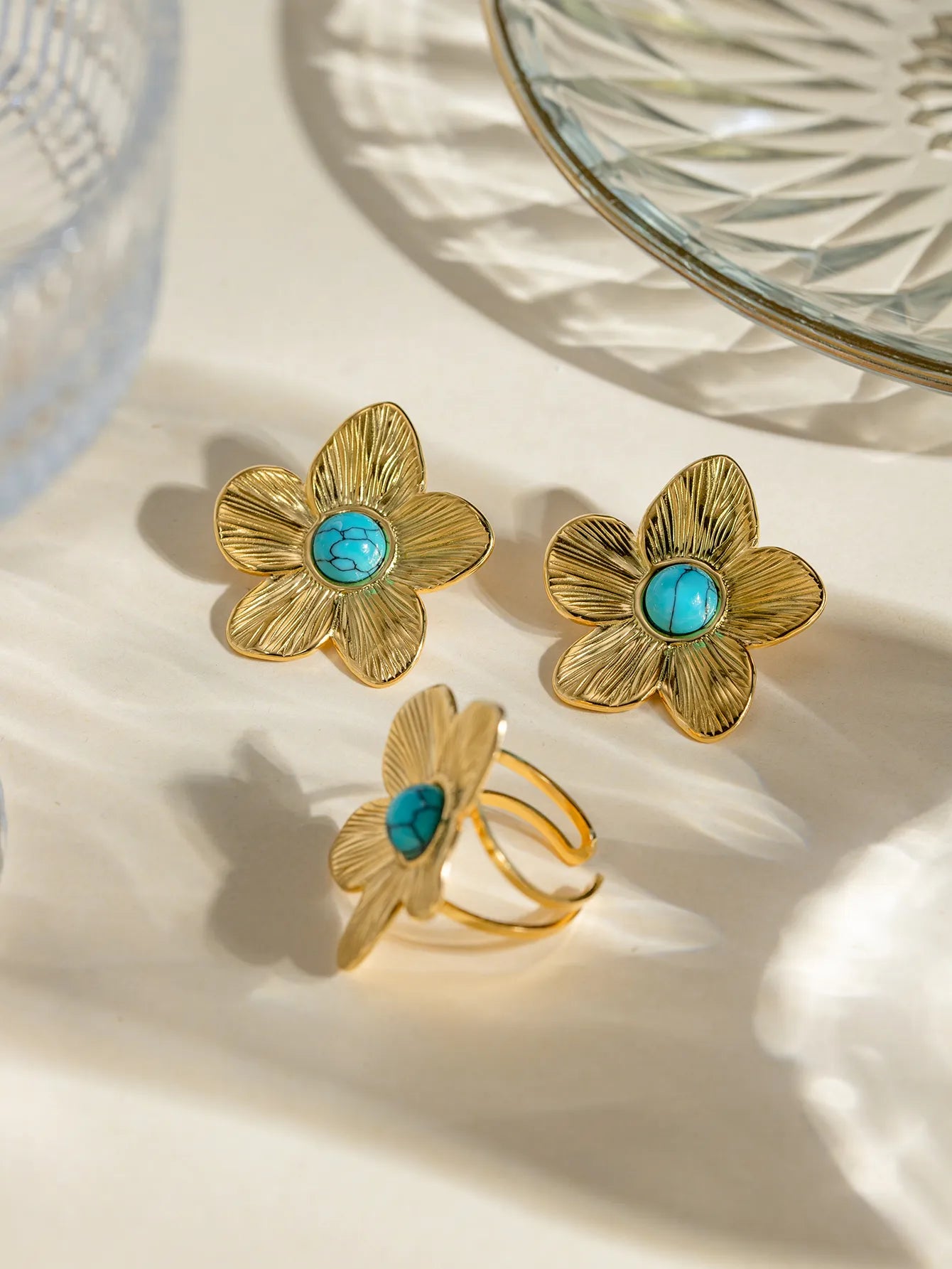 304 Stainless Steel 18K Gold Plated IG Style Simple Style Inlay Flower Turquoise Rings Earrings