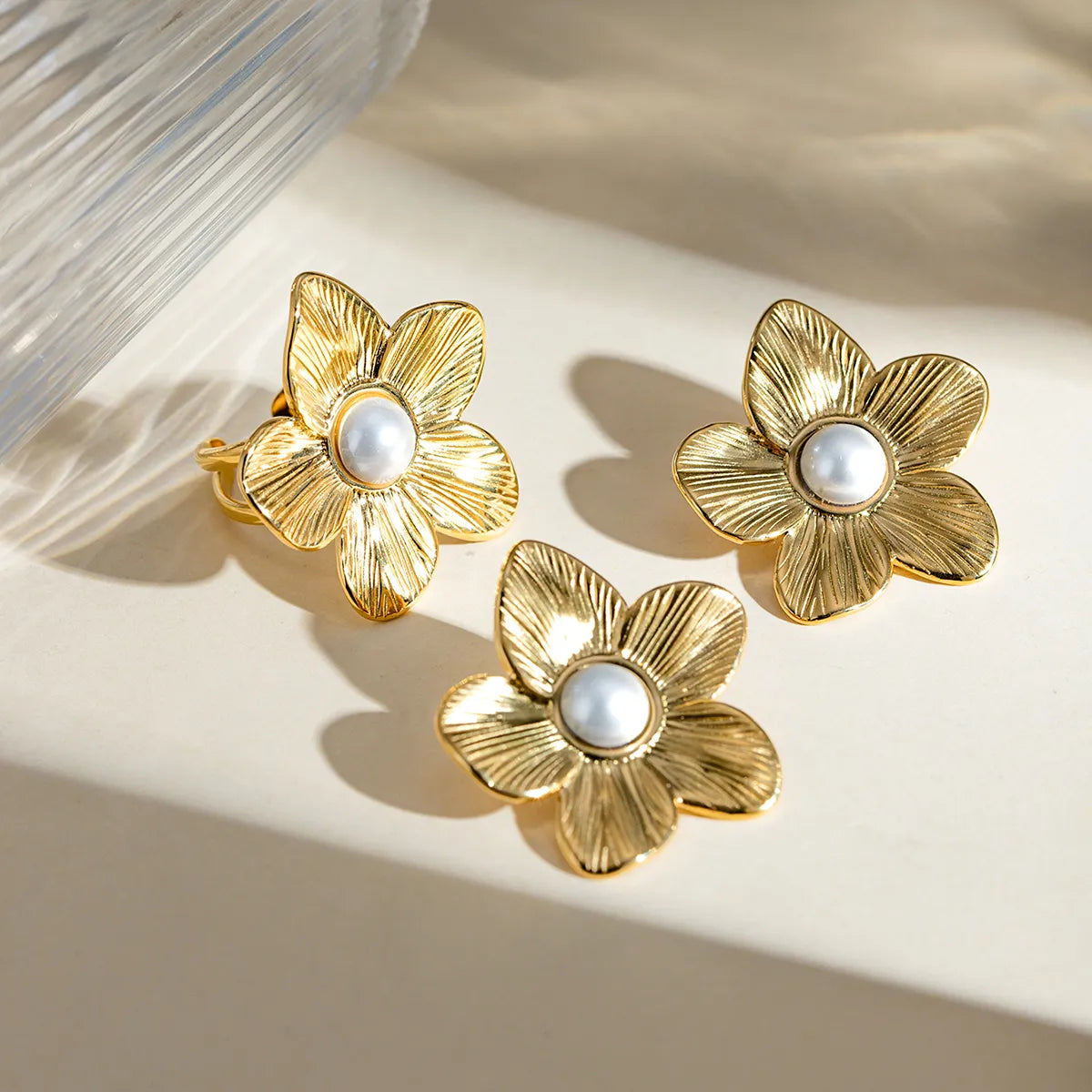 304 Stainless Steel 18K Gold Plated IG Style Simple Style Inlay Flower Turquoise Rings Earrings