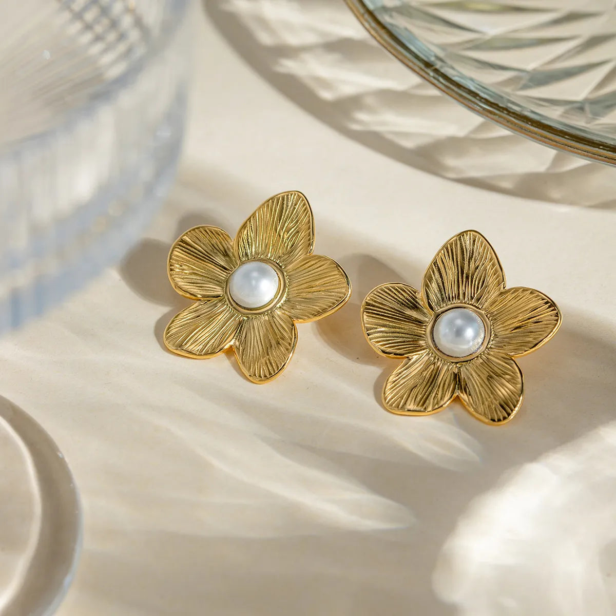 304 Stainless Steel 18K Gold Plated IG Style Simple Style Inlay Flower Turquoise Rings Earrings