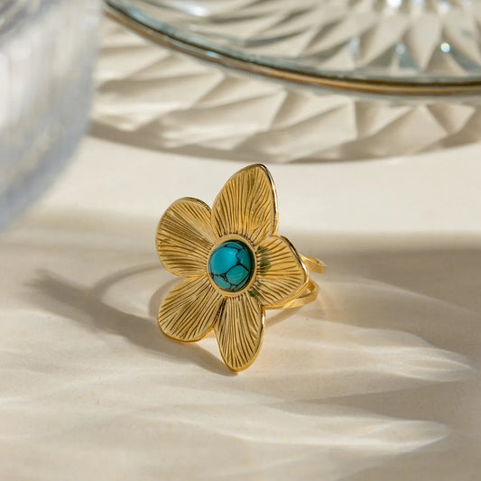 304 Stainless Steel 18K Gold Plated IG Style Simple Style Inlay Flower Turquoise Rings Earrings