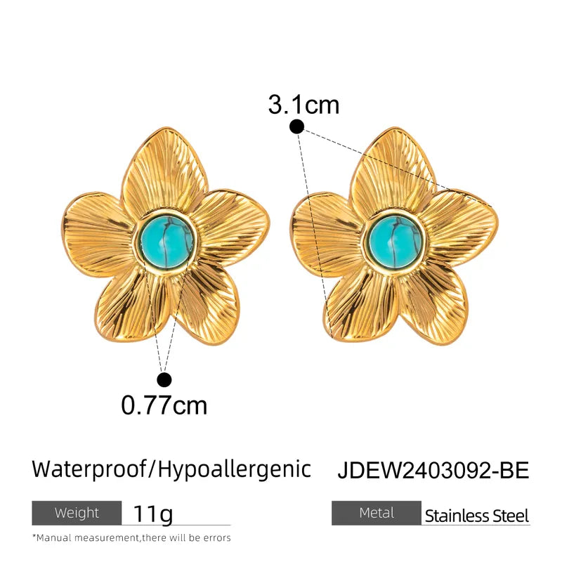 304 Stainless Steel 18K Gold Plated IG Style Simple Style Inlay Flower Turquoise Rings Earrings