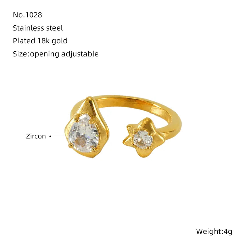 304 Stainless Steel 18K Gold Plated Lady Modern Style Commute Inlay Geometric Star Rhinestones Zircon Open Rings