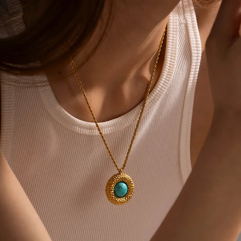 304 Stainless Steel 18K Gold Plated Simple Style Classic Style Inlay Solid Color Turquoise Pendant Necklace