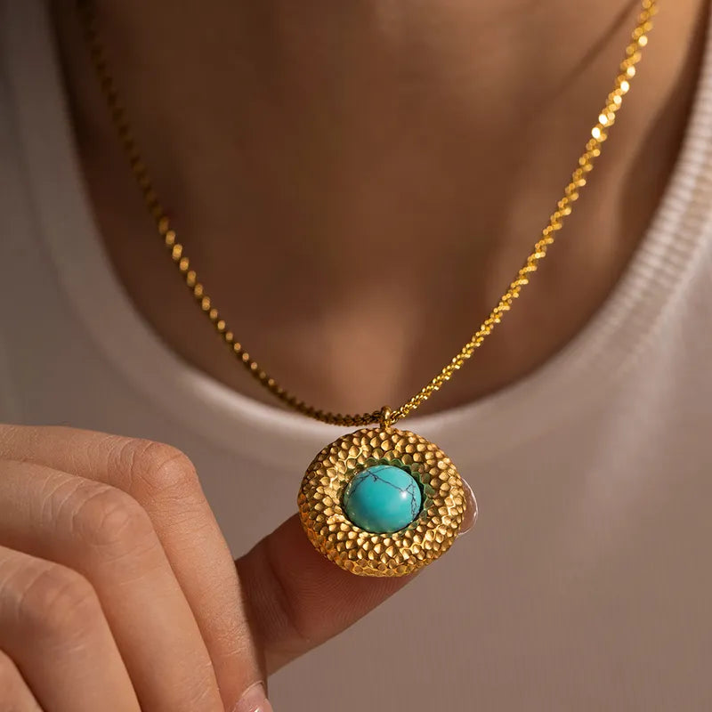 304 Stainless Steel 18K Gold Plated Simple Style Classic Style Inlay Solid Color Turquoise Pendant Necklace