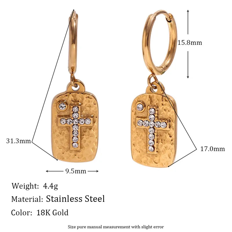 304 Stainless Steel 18K Gold Plated Simple Style Classic Style Plating Inlay Cross Rectangle Zircon Earrings Necklace